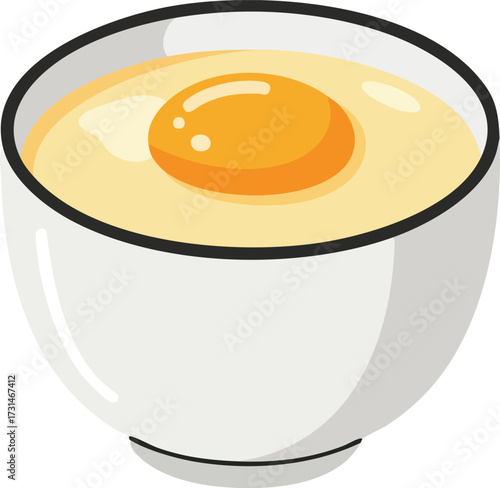 A close-up illustration of a single raw egg yolk floating in a bowl of clear liquid, likely egg white.