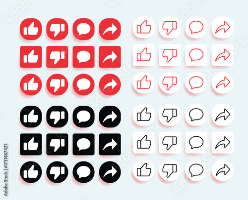 set of like, comment, share, subscribe and bell notification icon design