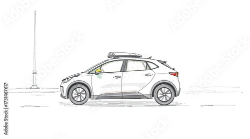 White SUV with road trip, and sketch.