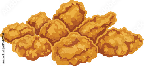 A close-up view of a pile of crispy, golden-brown fried chicken pieces, resembling popcorn chicken or boneless wings, ready to be served.