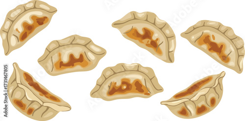 Illustration of several golden-brown dumplings, arranged on a white background, ready to be eaten.