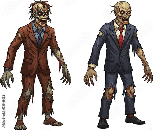 Zombie illustration, cartoon undead characters, horror artwork, scary Halloween design, creepy monster drawing, apocalyptic theme, grotesque walking dead, spooky business zombies