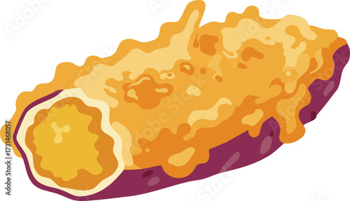 A delicious-looking illustration of a sweet potato covered in a golden, crispy batter, with a slice revealing its vibrant yellow interior.