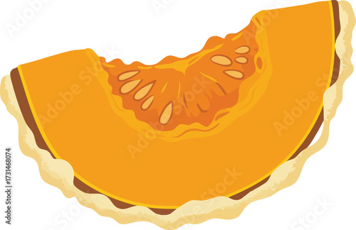 A vibrant illustration of a single slice of pumpkin pie with a golden-orange filling and a light brown crust, showing seeds.