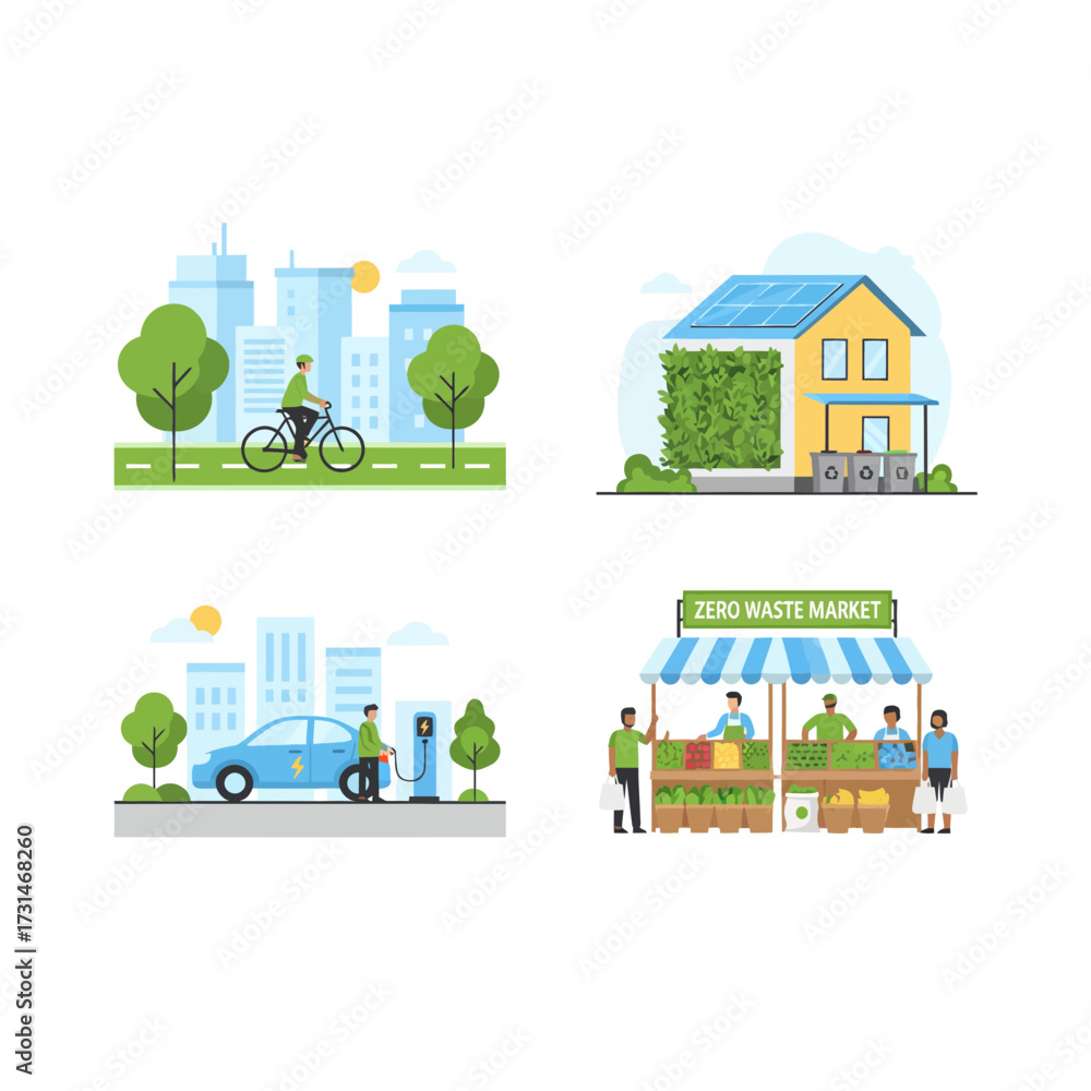 Naklejka premium Illustrations depicting sustainable living practices, including cycling, eco-friendly homes, electric cars, and zero-waste markets.