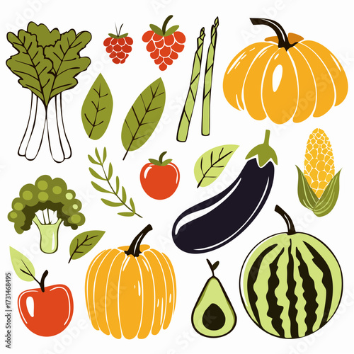 Illustration of various fruits and vegetables, including pumpkin, watermelon, and asparagus.