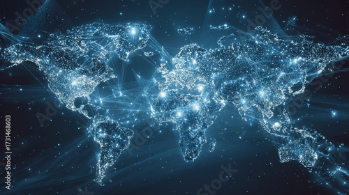 A glowing blue world map depicts interconnected cities and data networks spanning the globe
