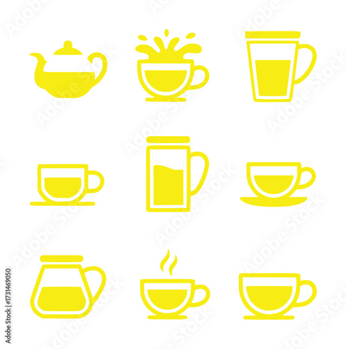 Collection of Yellow Icons Representing Hot Beverages and Teaware