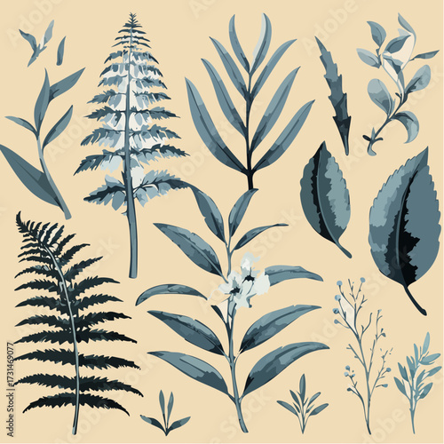 Botanical illustration of various leaves and plants in blue hues on a beige background.