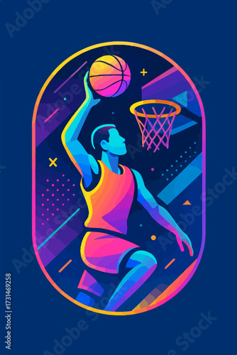 Neon Basketball Dunk — Glow Sport Poster Vector