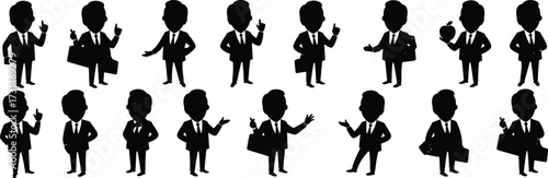 Businessman silhouette set showing various professional gestures, poses, and actions including presenting, pointing, walking, and holding briefcase