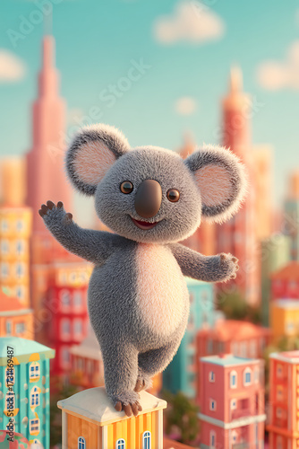 Cute animated koala character joyfully posing on a colorful city rooftop with vibrant buildings