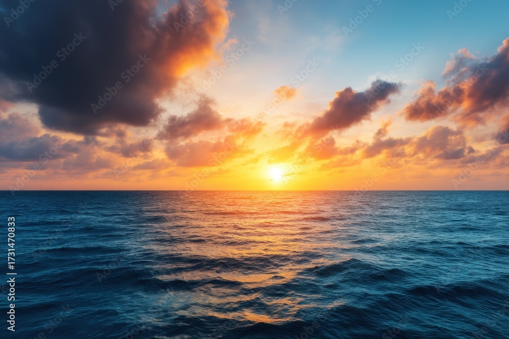 Fototapeta premium Creation Origin Symbolic concept. Vibrant sunset over tranquil ocean waters with dramatic clouds.