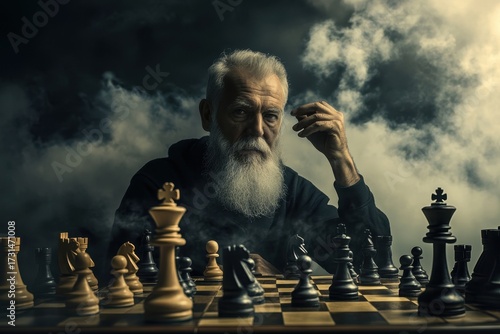 Elderly man engaged in a strategic game of chess against a moody backdrop