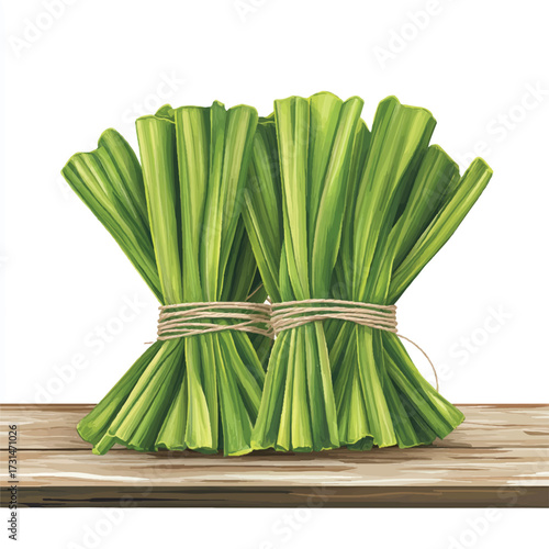  Two Bundles of Fresh Green Lemongrass Stalks on a Wooden Surface.