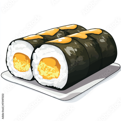 Two Delicious Sushi Rolls with Yellow Filling and Sauce on a White Plate