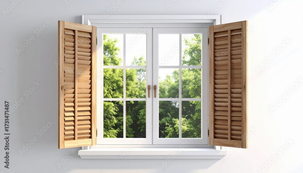 Fototapeta premium Open window with wooden shutters revealing a vibrant view of lush, green foliage against a bright white wall, portraying a serene and refreshing outdoor ambiance, natural light enhances the interior.