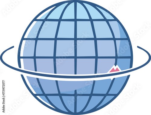 Stylized globe icon with a grid and orbital ring, representing global network, international travel, and worldwide communication
