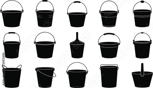Set of fifteen black bucket silhouettes with varied shapes, handles, and spouts for design, utility, and icon use