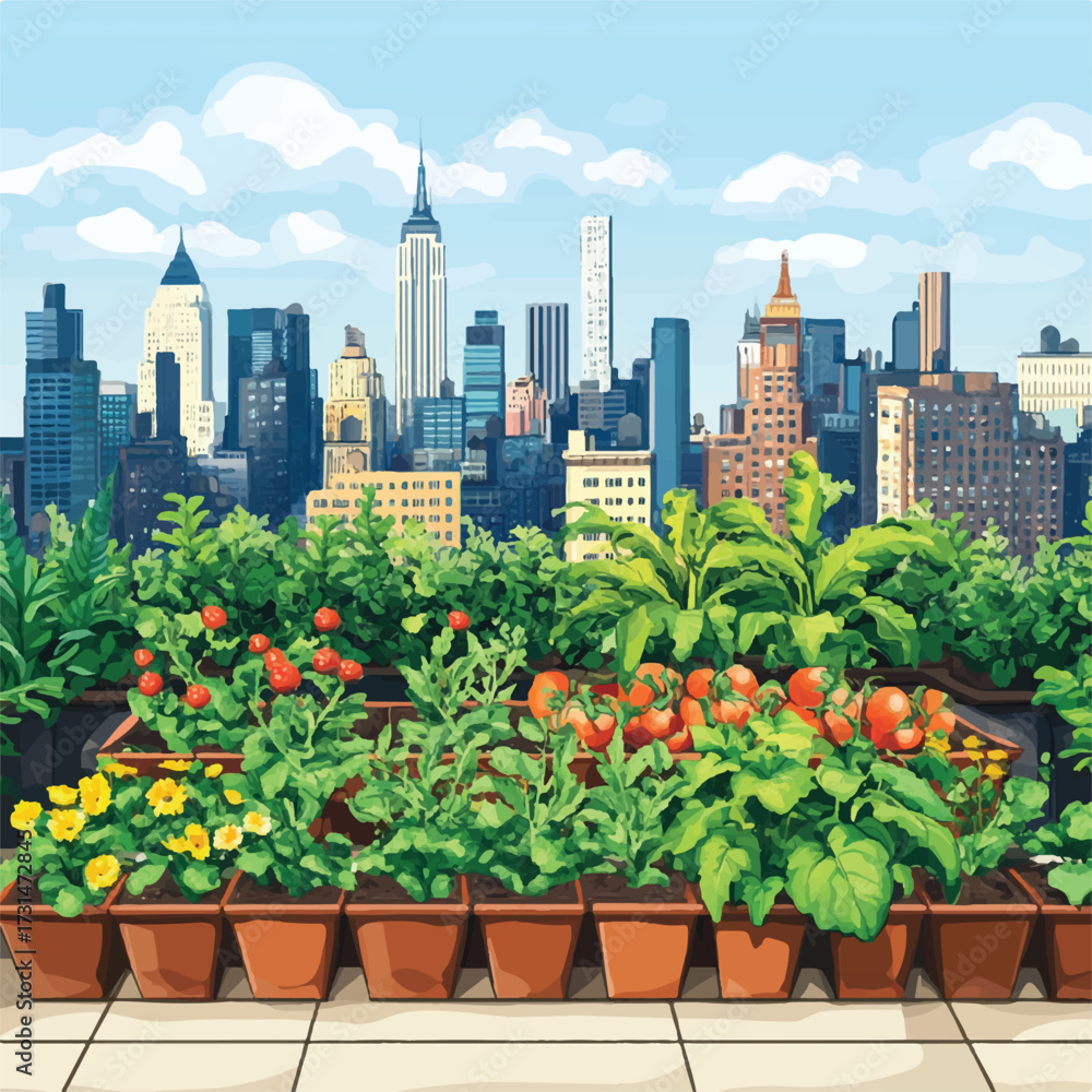 Fototapeta premium Urban Rooftop Garden with Various Plants in Pots