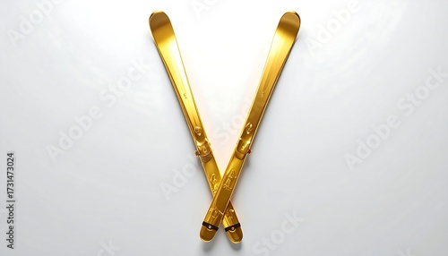 Golden skis artfully arranged on a pristine white background, symbolizing winter sports and luxury