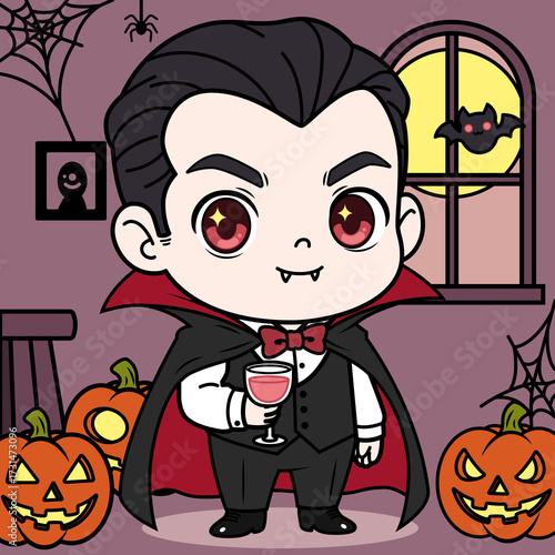 Dracula holding a glass of wine against the background of an abandoned house surrounded by jack-o'-lanterns.