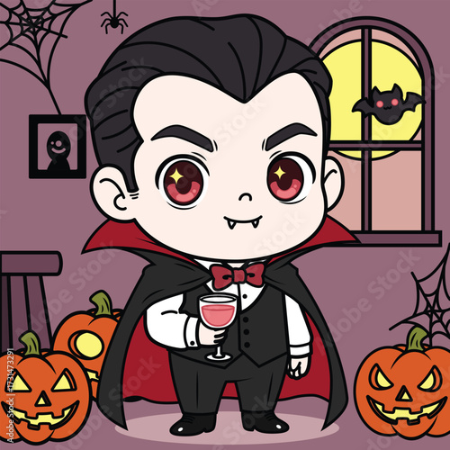 Dracula holding a glass of wine against the background of an abandoned house surrounded by jack-o'-lanterns.
