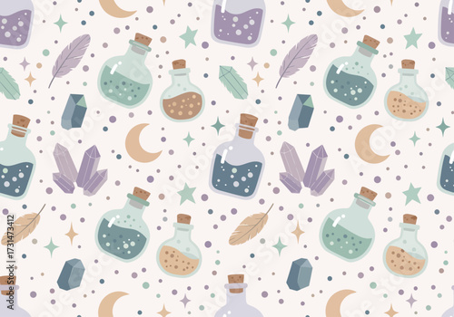A whimsical pattern of pastel potions, shimmering crystals, and celestial charms evokes the gentle magic of a mystical apothecary.