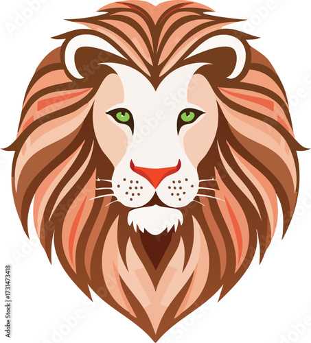 Graphic vector illustration of a powerful lion's face with vibrant green eyes and a regal mane. An emblem of strength, courage, and royalty