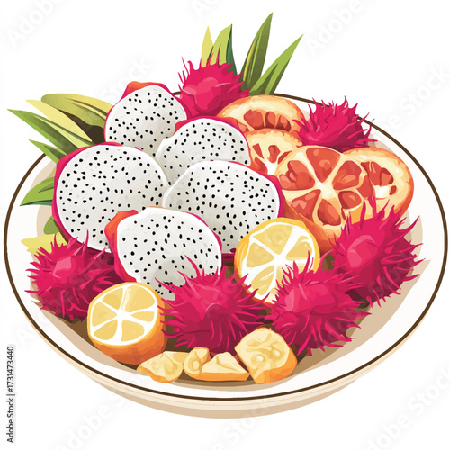 Vibrant bowl of assorted exotic tropical fruits illustration