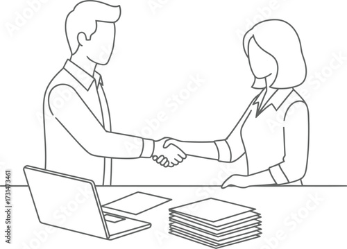 A line drawing of a man and a woman in business attire shaking hands over a desk with a laptop and documents.