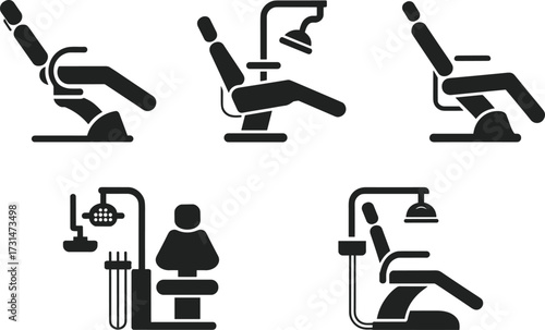 Set of five dental chair and equipment silhouettes showing varied clinic configurations with lamps, tools, and reclining positions