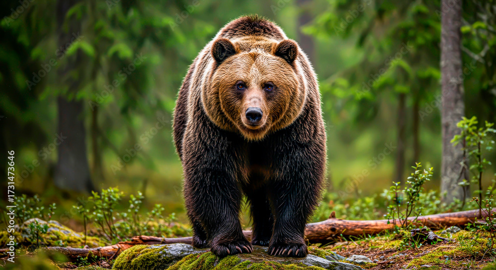 Obraz premium Master of the Forest: A massive brown bear in a green haze