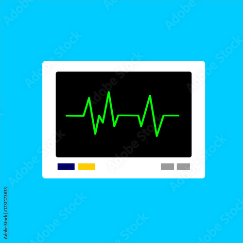 EKG machine with active heartbeat line, illustration of essential medical equipment in healthcare, flat art design style.

