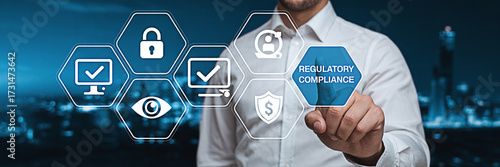 Man touching regulatory compliance icon representing business standards and legal requirements