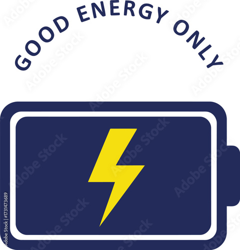 Image of a battery with a lightning bolt inside, and the words 'Good Energy Only' above it.
