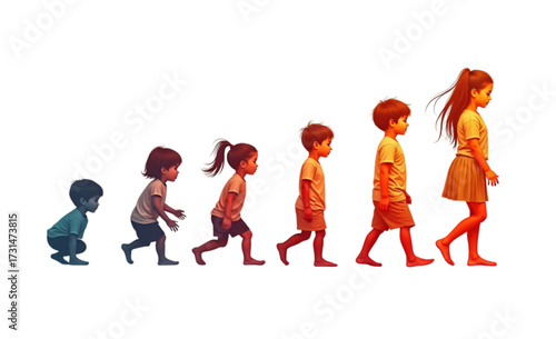 Colorful illustration depicting the evolution of children from crawling to walking, showcasing growth and development