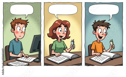 Comic strip illustration showing three panels of children in different moods while studying with dialogue bubbles