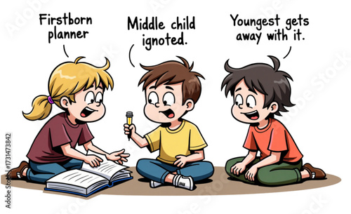 Funny illustration of siblings discussing their birth order roles with playful expressions and dialogue bubbles