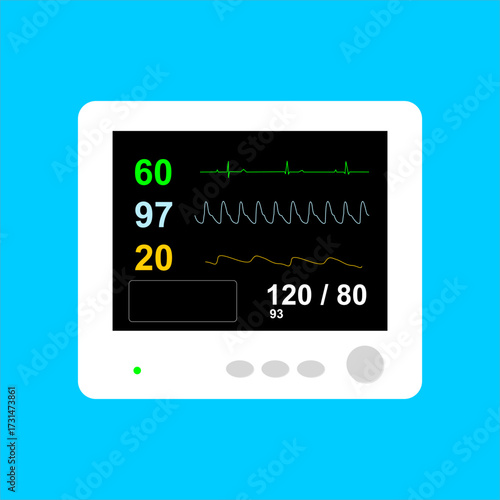 ICU monitor displaying heartbeat and patient condition, medical tool illustration in intensive care, flat art design style.
