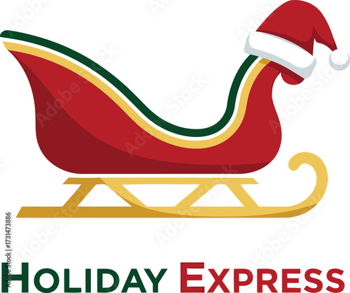 A festive red and gold sleigh adorned with a Santa hat, symbolizing holiday cheer and the "Holiday Express" brand.