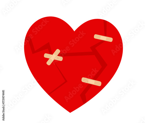 Cracked red heart covered with multiple bandages, a symbolic representation of heart wounds and healing, flat art design style.

