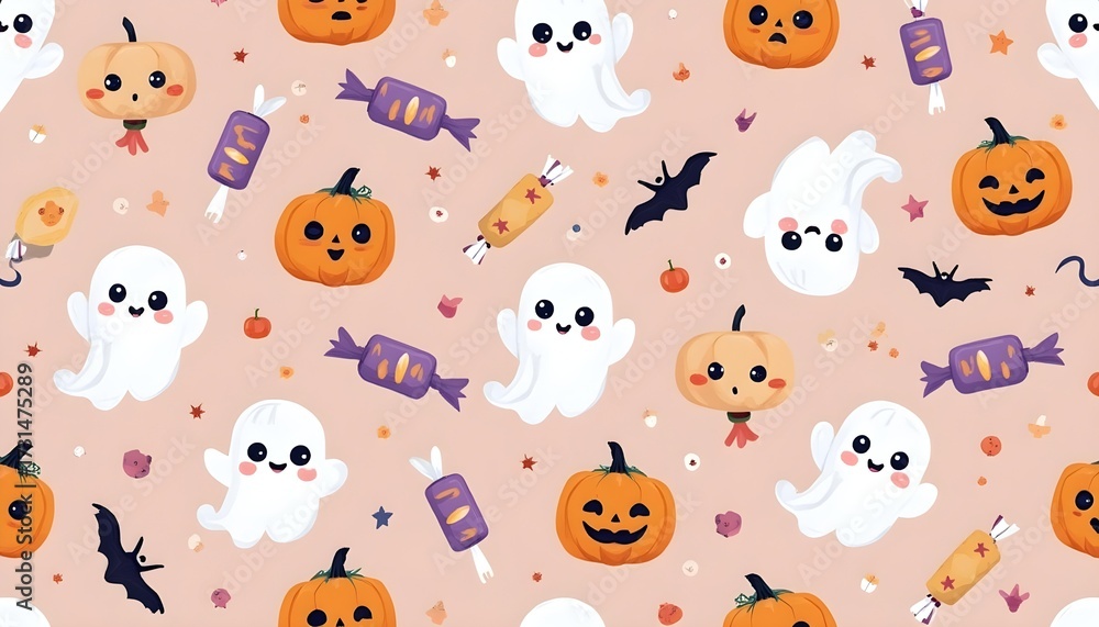 Fototapeta premium Cute Halloween seamless pattern with kawaii ghosts, candies, stars, and pumpkins, pastel color palette.
