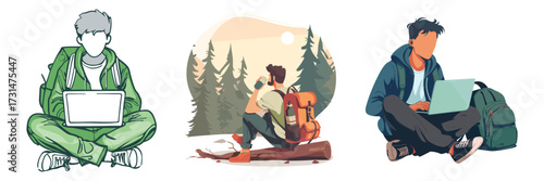 Flat vector illustration of people working remotely in outdoor nature