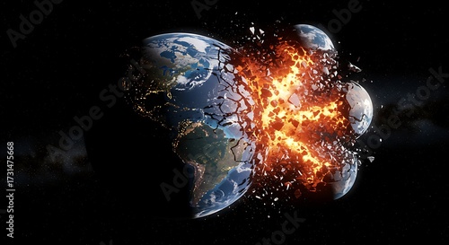 Exploding earth concept global destruction with dramatic orange core