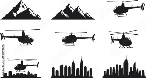 Helicopter silhouette with mountain landscape and city skyline vector illustration set, urban travel, aviation transportation, tourism adventure design elements collection.