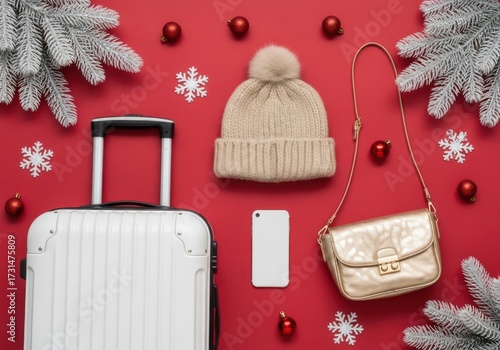 Christmas travel flat lay with suitcase, hat, and purse on red background