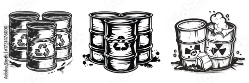 Black and white sketch illustration of oil barrels