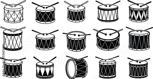Snare drum silhouette vector illustration set with drumsticks, percussion instrument icons, music design collection for band, concert, and festival graphics.