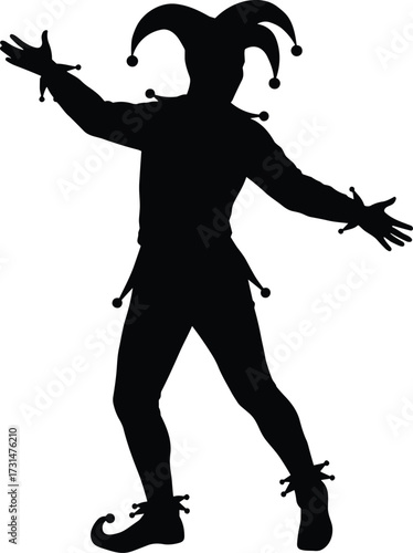 Jester clown silhouette vector illustration with traditional costume, medieval joker character, carnival fool design, comedy entertainment icon, festive performance.